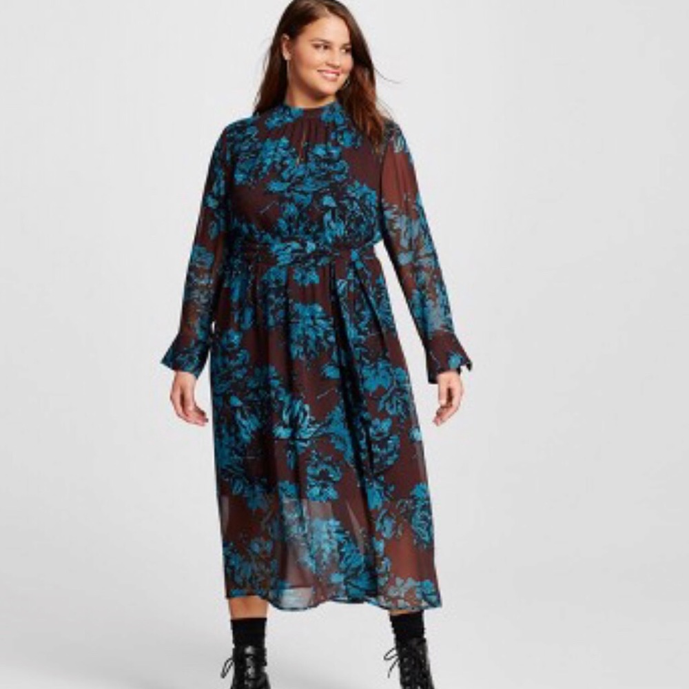 Who What Wear Midi Floral Teal & Brown Dress NWT